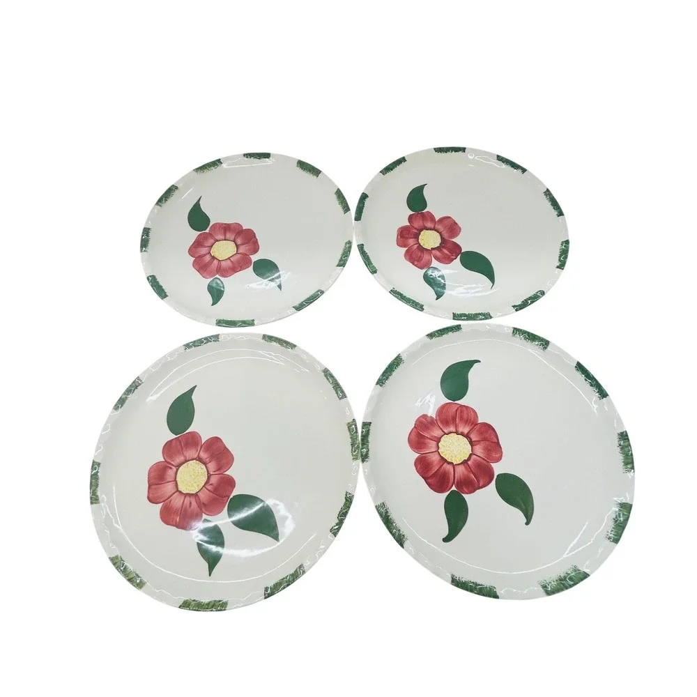 Blue Ridge‎ Southern Potteries Hand Painted Red Floral Luncheon 4 Set Plates USA
